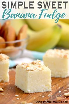 two pieces of cake sitting on top of a wooden cutting board next to some bananas