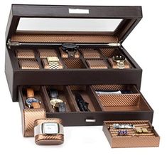 30 Days Return Policy Fast Delivery Trusted seller Yachtsman Large Watch Box Jewelry Organizer for Men, Jewelry Box Organizer with Vegan Leather, Glass Display Lid, and Drawer with EDC Storage & Ring Tray, Great Gift as a Mens Watch Case Holder for Big Face Watches (Dark Brown) Product Description THE "YACHTSMAN" BIG WATCH BOX VALET COMBO - You will not find a better watch case to help a man organize his watch collection. Each watch storage box is Hand Made with the best scratch-proof materials and expert craftsmanship. Designed in USA. 10 EXTRA WIDE WATCH SLOTS - Large face watches need extra-wide watch slots and watch display pillows in order to not get scratched. So underneath a real glass lid, our roomy watch slots are 60mm across to accommodate those popular Large Face Watches. DRAWER Edc Storage, Luxury Watch Box, Mens Jewelry Box, Watch Display Case, Mens Watch Box, Wooden Watches For Men, Unique Valentines Day Gifts, Ring Tray, Watch Storage Box