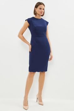 Style: Pencil DressFabric: YepkaLength: MidiNeckline: CrewSleeve Length: Sleeveless Wedding Guess Dress, Wedding Guess, Pencil Midi Dress, Fitted Midi Skirt, Mother Of Bride Outfits, Midi Pencil Dress, Scallop Hem, Guess Dress, Navy Midi Dress