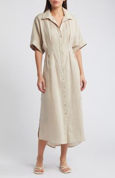 Gleaming mother-of-pearl buttons dot the front of this crisp linen shirtdress accented with stylish pleats on the bodice. 54" length (size medium) Front button closure Spread collar Short sleeves Unlined 100% linen Dry clean Imported Classic Linen Dress For Daywear, Classic Linen Dress For Spring Daywear, Spring Beige Shirt Dress With Placket, Neutral Dresses With Button Closure For Daywear, Neutral Dress With Button Closure For Daywear, Classic Beige Shirt Dress With Button Closure, Elegant Neutral Linen Daywear Dress, Spring Daywear Linen Dress With Button Closure, Elegant Neutral Linen Dress For Daywear