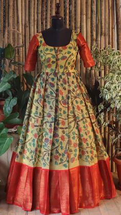 Kalamkari Long Frocks Models, Long Frocks Models For Stitching, Saree Frocks, Long Frock Designs For Women, Sadi Dress, Full Frock, Long Frocks For Kids