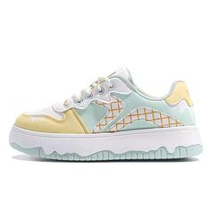 These sneakers feature a playful ice cream-inspired design with pastel colors arranged in a grid pattern, highlighted by whimsical drips and wavy soles for a fun and youthful look. Material: Vegan Leather Run small, please review the sizing information Sneakers Aesthetic, Ice Cream Cute, Aesthetic Sneakers, Dream Items, Ice Cream Design, Heeled Chelsea Boots, Oxford Platform, Silver Sneakers, Heels Platform