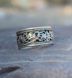 Filigree Band, Bohemian Ring, Hippie ring, Adjustable ring adjustable medium to large ring size Bohemian Wide Band Engraved Jewelry, Silver Bohemian Filigree Promise Ring, Bohemian Adjustable Midi Rings For Wedding, Bohemian Filigree Ring, Bohemian Wide Band Rings Engraved, Bohemian Sterling Silver Rings In Antique Silver, Bohemian Rings With Engraved Wide Band, Bohemian Wide Band Engraved Rings, Bohemian Antique Silver Sterling Silver Rings