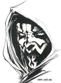 a black and white drawing of darth vader