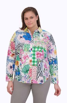 Refresh your everyday look for the new season in this all-cotton shirt created in a patchwork of springy patterns and hues. 28 1/2" length (size 2X) Front button closure Spread collar Long sleeves with button cuffs 100% cotton Machine wash, tumble dry Imported Spring Multicolor Print Button-up Shirt, Spring Button-up Shirt With Multicolor Print, Spring Green Patchwork Shirt, Green Patchwork Shirt For Spring, Spring Patchwork Patterned Shirt, Spring Patterned Tops With Patchwork, Patterned Patchwork Tops For Spring, Spring Multicolor Patchwork Shirt, Multicolor Patchwork Shirt For Spring