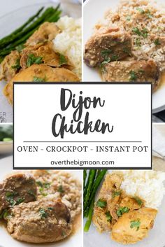 a collage of photos showing different types of food and the words dijond chicken over crockpot - instant pot