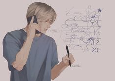 a drawing of a person holding a cell phone to their ear and writing on the wall