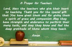 an apple sits in front of a chalkboard with the words prayer for teachers written on it