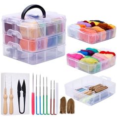 two plastic storage boxes filled with craft supplies