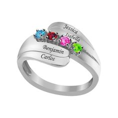 Family comes first, and family is forever. Celebrate this special connection with our Sterling Silver Personalized Family Ring w/ 4 Names and 4 Birthstones. Personalize this piece with names of children or grandchildren for a Mother's Day gift that mom will always cherish. It can also be used for other family relationships and may be suitable for grandmothers, aunts or cousins. This beautiful ring is available in sizes 5 through 11, so you can choose the ideal fit. Choose up to 4 birthstones and Family Is Forever, Family Comes First, Birthstone Ring Mothers, Family Ring, Birthstone Rings, Family Rings, Families Are Forever, Mother Rings, Name Rings