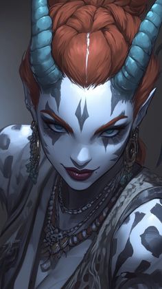 a woman with red hair and horns on her head