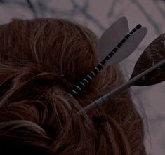 a close up of a person with two arrows in their hair and an owl on top of them