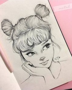 a pencil drawing of a girl with buns on her hair