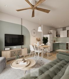 a living room filled with furniture and a flat screen tv mounted on a wall above a wooden table