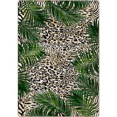 an animal print rug with palm leaves and leopard spots on the front, along with a white background