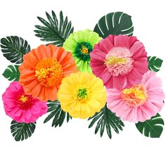 colorful flowers and leaves are arranged on a white background