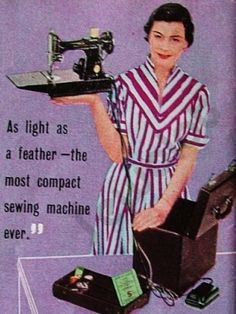 an advertisement for sewing machines from the 1950's, with a woman in striped dress holding a sewing machine