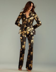 Dripping in Gold Pants Gold Pants Suit For Women, Black And Gold Suit For Women, Black And Gold Outfit, Gold Pants, Satin Pants, Fashion Revolution, Printed Blazer, Tailored Blazer, Fitted Blazer