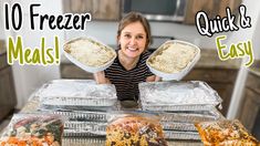 a woman holding up some food in front of her face with the words, 10 freezer meals quick and easy