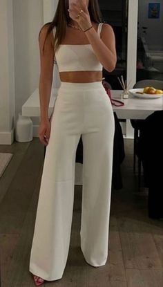 Graduation Outfits With Pants, Banquet Casual Outfit, Birthday Outfit Classy Night, Grad Party Outfit Summer Casual, White Pants And Top Outfit, Classy Bachelorette Outfit, Summer Bridal Outfits, Formal Banquet Outfit, Winter White Party Outfit