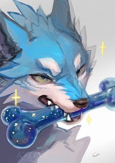 a drawing of a blue wolf with a bone in its mouth and stars on it's tail