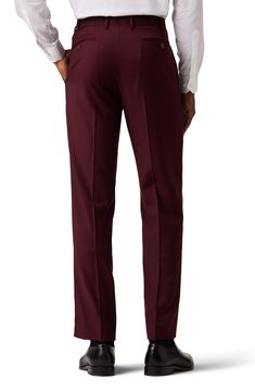 Dress to impress in these polished and practical trousers tailored from wrinkle-resistant performance fabric. 32" inseam; 15.75" leg opening; 10.125" rise (size 32x32) Zip fly with hook-and-bar closure Jetted pockets Lined Polyester/rayon blend with 2% spandex
 Dry clean Imported Fitted Solid Color Dress Pants For Semi-formal Occasions, Slim Fit Full Length Dress Pants For Semi-formal Occasions, Solid Color Slim Fit Straight Leg Dress Pants, Tailored Elastane Work Pants, Slim Fit Full Length Suits For Business Casual, Fitted Straight Leg Elastane Work Pants, Fitted Elastane Work Pants With Pockets, Solid Full Length Work Pants For Business Casual, Fitted Business Bottoms With Pockets