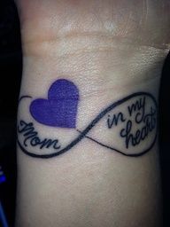 a purple heart tattoo on the wrist that says mom, i'm in my heart