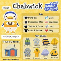 an animal crossing character is shown in the game's info sheet, which includes clothing and other items