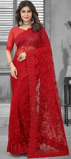 Red and Maroon color Saree in Net fabric with Embroidered, Moti, Resham, Stone, Thread work Red Georgette Embroidered Fabric For Diwali, Red Embroidered Georgette Fabric For Diwali, Red Bollywood Embroidered Fabric With Self Design, Red Georgette Fabric With Cutdana Embroidery, Red Georgette Blouse For Wedding, Red Georgette Blouse Piece For Wedding, Red Blouse Piece With Dupatta For Wedding, Red Saree For Wedding And Diwali, Red Self-design Embroidered Fabric For Diwali