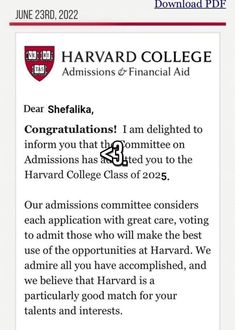 the harvard college application is shown in this screenshote photo, which appears to be an email message