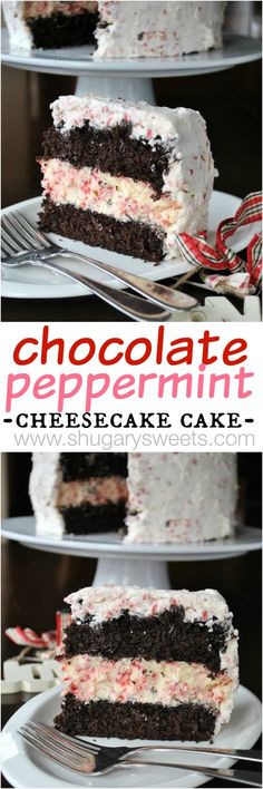 chocolate peppermint cheesecake cake with white frosting and sprinkles