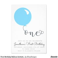 a blue balloon birthday party card with the word one on it's front and bottom