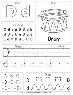 the letter d worksheet for children to learn how to write and draw letters