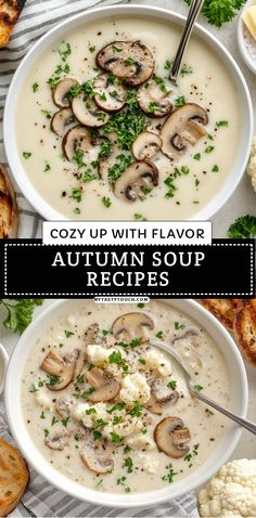 two bowls filled with creamy soup and topped with sliced cauliflower, parsley and mushrooms