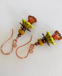 Picasso Flowers, Fairytale Bracelet, Earrings 2024, Glass Flower Earrings, Bright Copper, Chartreuse Green, Boho Handmade, Copper Accents, Metallic Copper