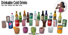 there are many different types of drinks and beverages in the picture, including sodas