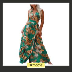 in stock Green V-neck Vacation Dress, Green V-neck Dress For Vacation, Green V-neck Beachy Maxi Dress, Green V-neck Beach Dress For Vacation, Dark Green V-neck Summer Dress, Green V-neck Beach Dress, Green Floral Print Maxi Dress For Party, Sleeveless Green Floral Maxi Dress, Casual Flowy Green Maxi Dress