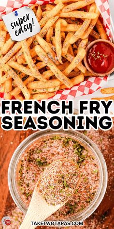 french fry seasoning recipe in a bowl with text overlay that reads, french fry seasoning