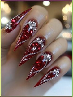 Red Nails With Gold Rhinestones, Christmas Press On Nail Designs, Red Bling Christmas Nails, Christmas Red Nails Acrylic, Red Acrylic Christmas Nails, Red Christmas Nail Ideas, Red Nail Designs Christmas, Red Blinged Out Nails, Long Christmas Acrylic Nails