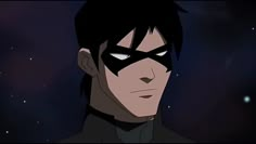 an animated image of a man with black hair wearing a batman mask and looking at the camera