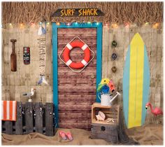 there is a surfboard and life preserver on the wall in front of it