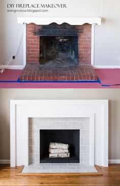 before and after fireplace makeover with white painted brick, pink carpet and wood flooring