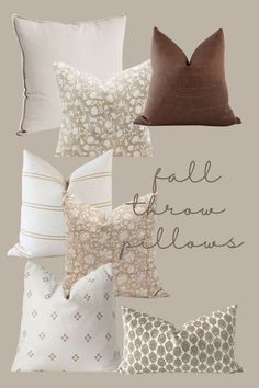 pillows and pillow covers with the words fall from flowers written in cursive font