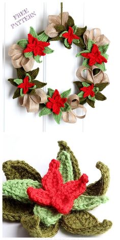 two crocheted wreaths with red and green poinsettias on them