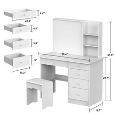 a white desk with drawers and a mirror on it's side, next to the measurements