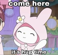 a cartoon character holding an umbrella with the caption, come here it's hug time