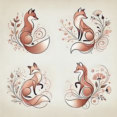 four different types of foxes with floral designs