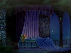 the sleeping princess is in her bed looking out at the night sky and stars that are shining