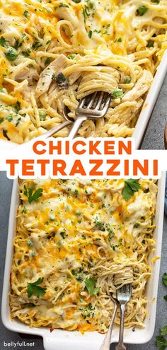 chicken tetrazzini in a white casserole dish