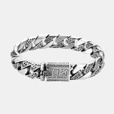 Men's Sterling Silver Ivy Pattern Curb Chain Bracelet Mens Silver Jewelry, G 20, Curb Chain Bracelet, Mens Bracelet Silver, Box Clasp, Sterling Silver Mens, Color Plata, Bracelet Silver, Curb Chain